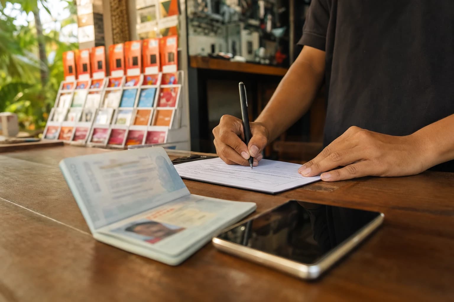 Counter of a mobile phone shop in Indonesia, an open passport and a smartphone on the worktop, a salesperson's hands filling in a form, SIM card displays blurred in the background, no faces visible