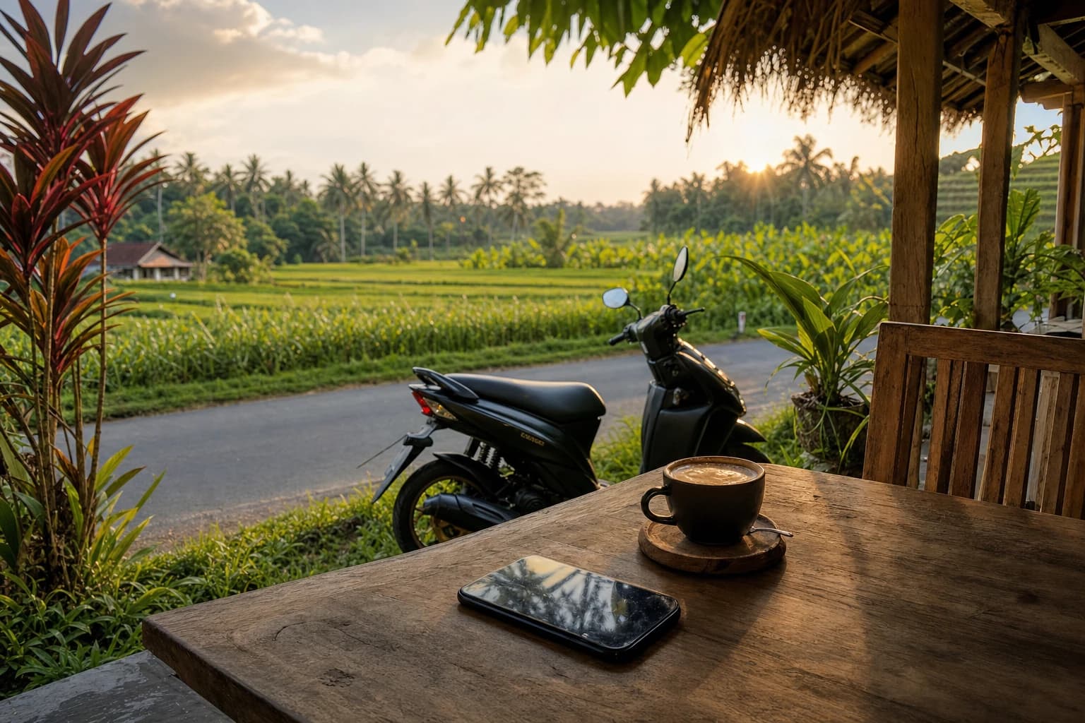Terrace of a warung on a rural Balinese road, a scooter parked outside, a smartphone on the table beside a coffee, rice fields in the background, late afternoon, no faces visible