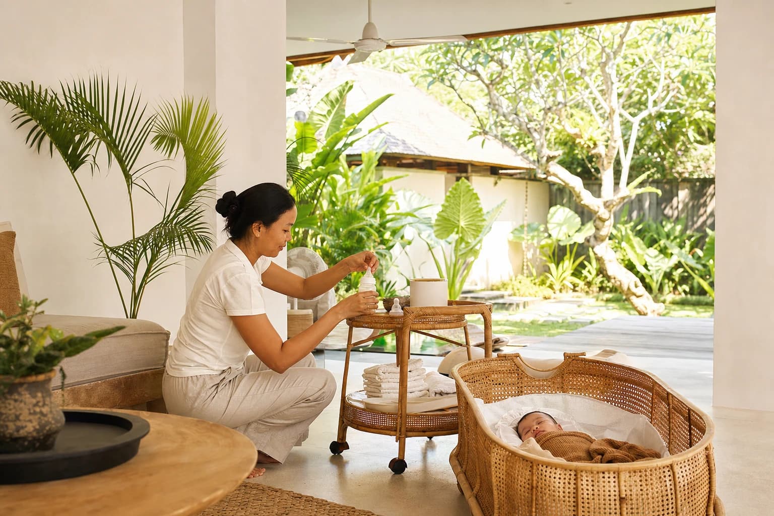 An Indonesian nanny crouching in a living room open onto a Balinese garden, preparing a bottle on a rattan side table while a baby sleeps in a wicker moses basket, ceiling fan, white walls and tropical plants