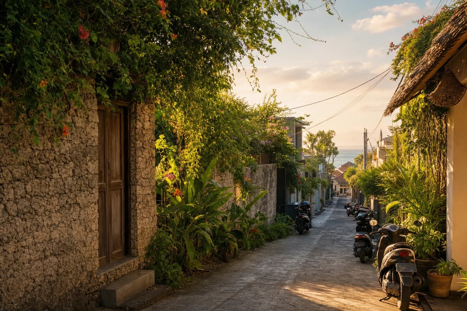 The atmosphere of Canggu, Bali — leafy streets and an expat village vibe
