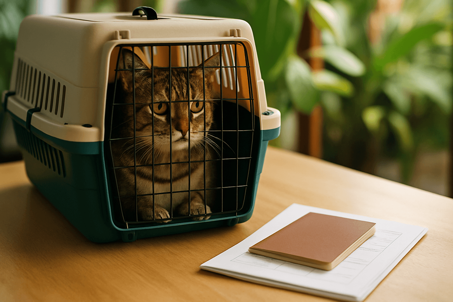 A cat in an airline-standard travel crate, set beside a folder of veterinary documents and a vaccination record on a light-colored table