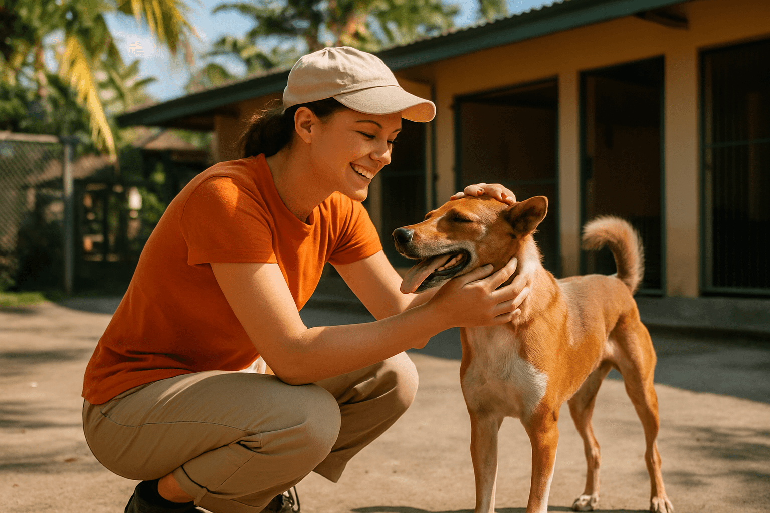 A shelter volunteer petting a recently adopted Bali dog in the courtyard of an animal rescue center, a sunny, cheerful atmosphere