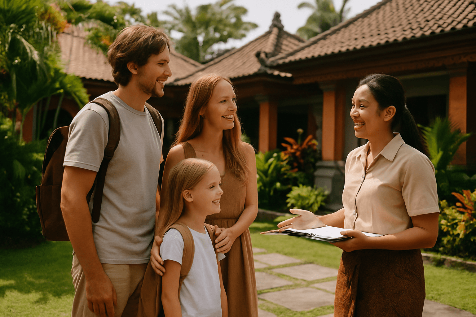 Parents et enfant en visite d admission dans une école à Bali, échange souriant avec une conseillère devant un bâtiment aux toits traditionnels et jardin tropical