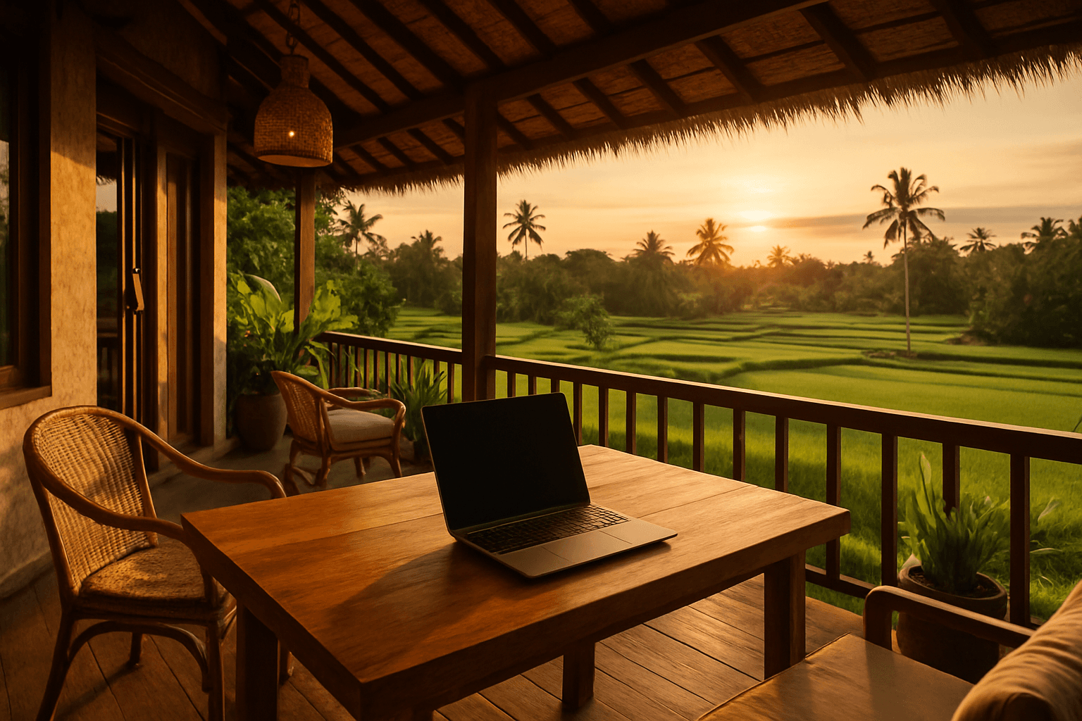 Villa terrace in Bali overlooking rice paddies at golden hour, a laptop sitting on the wooden table