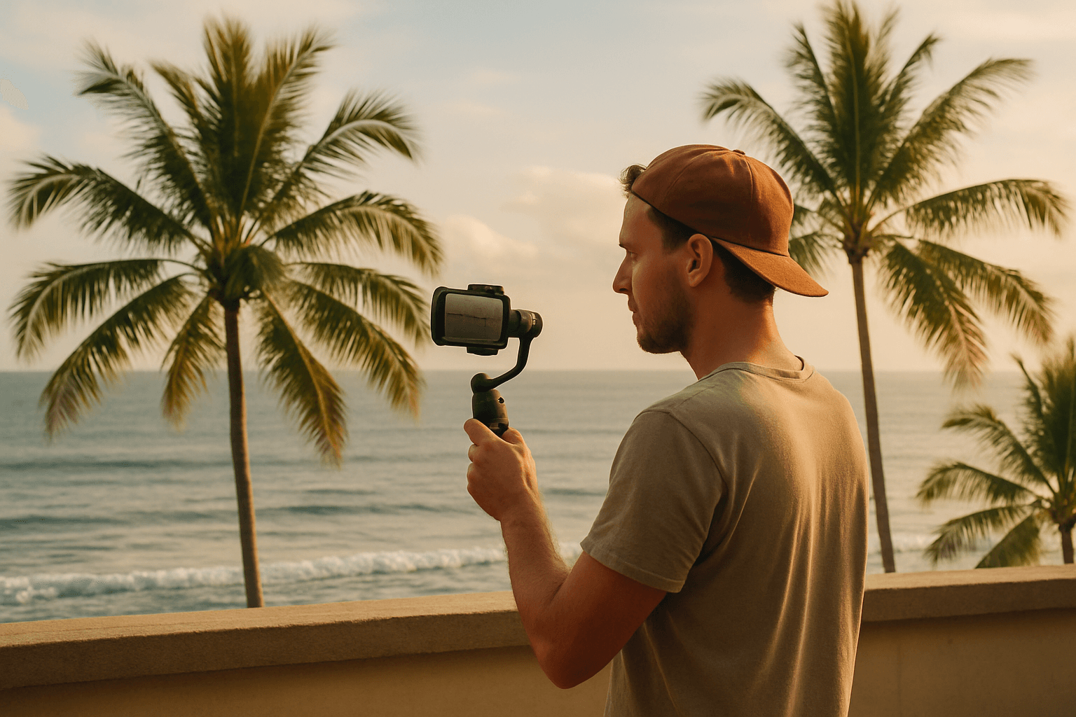 Content creator filming on a stabilised smartphone from a terrace facing the ocean in Bali, palm trees in the background
