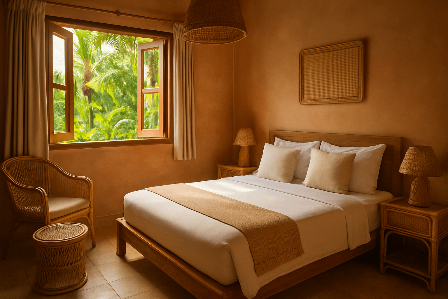 Cosy room in a Balinese guesthouse: a neatly made bed, rattan furniture, an open window onto tropical light