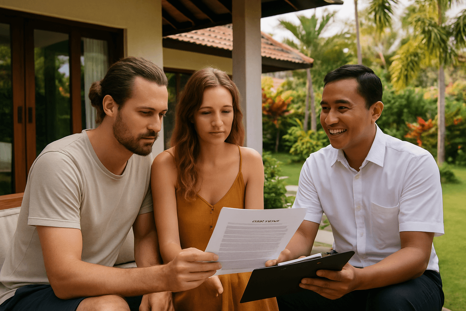 An expat couple reviewing a rental contract on a villa terrace with a smiling local agent, tropical garden