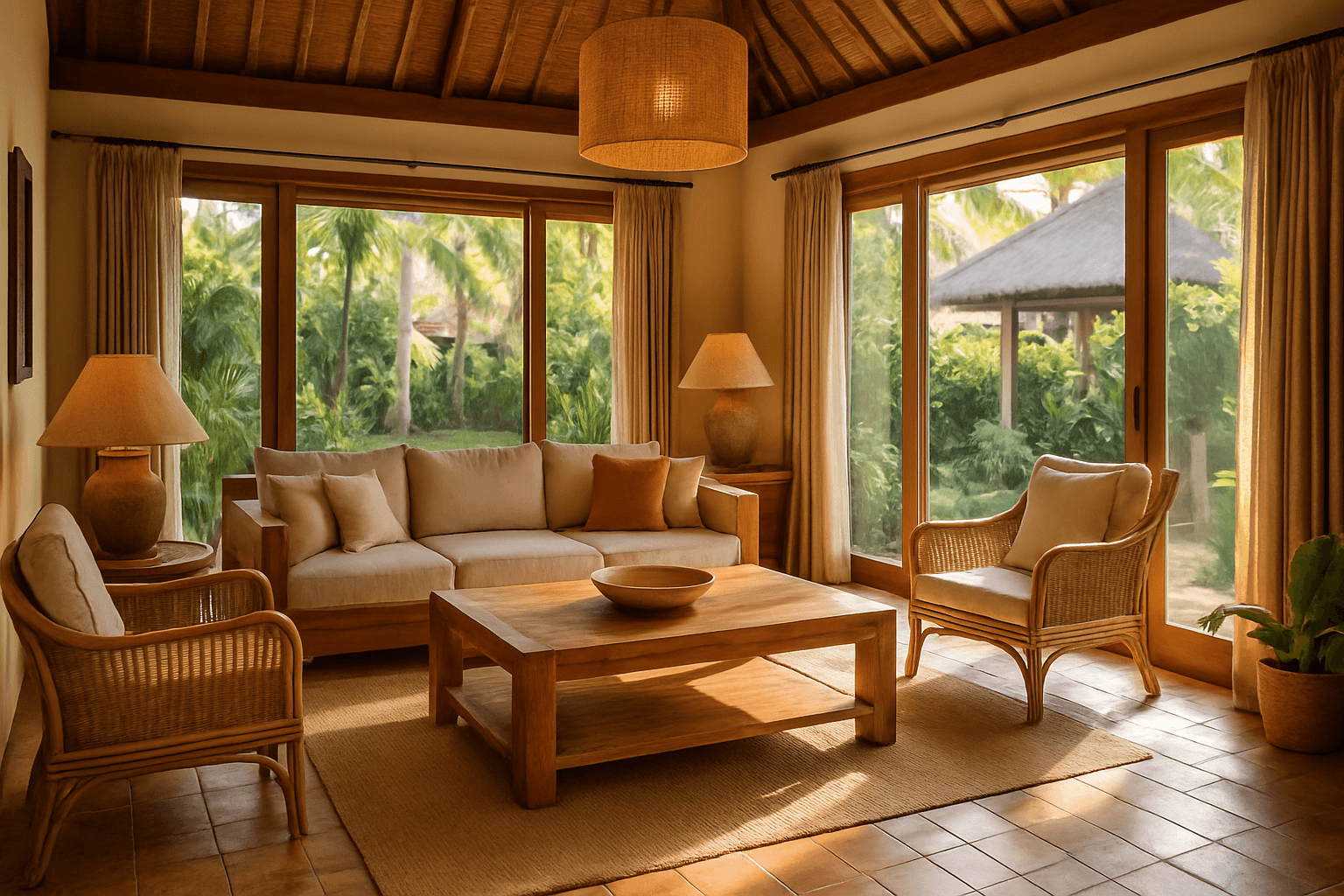 Salon d'une villa balinaise meublée en teck et rotin, lumière tropicale