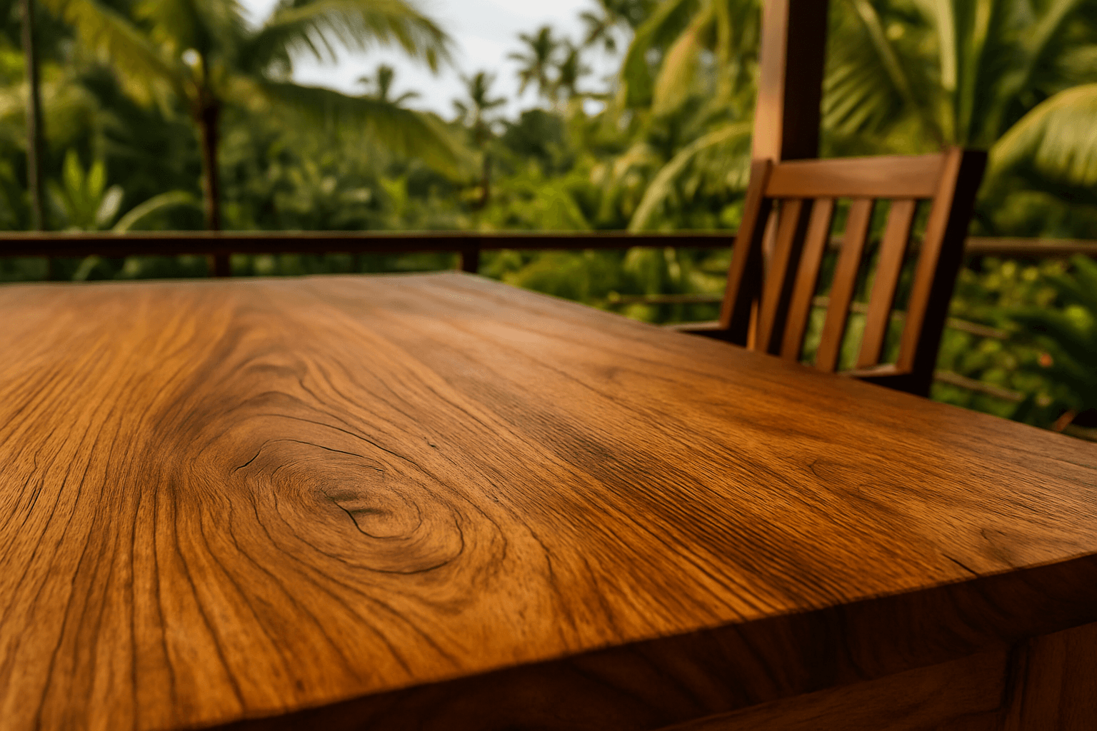Gros plan sur le grain d'une table en teck massif sur une terrasse tropicale