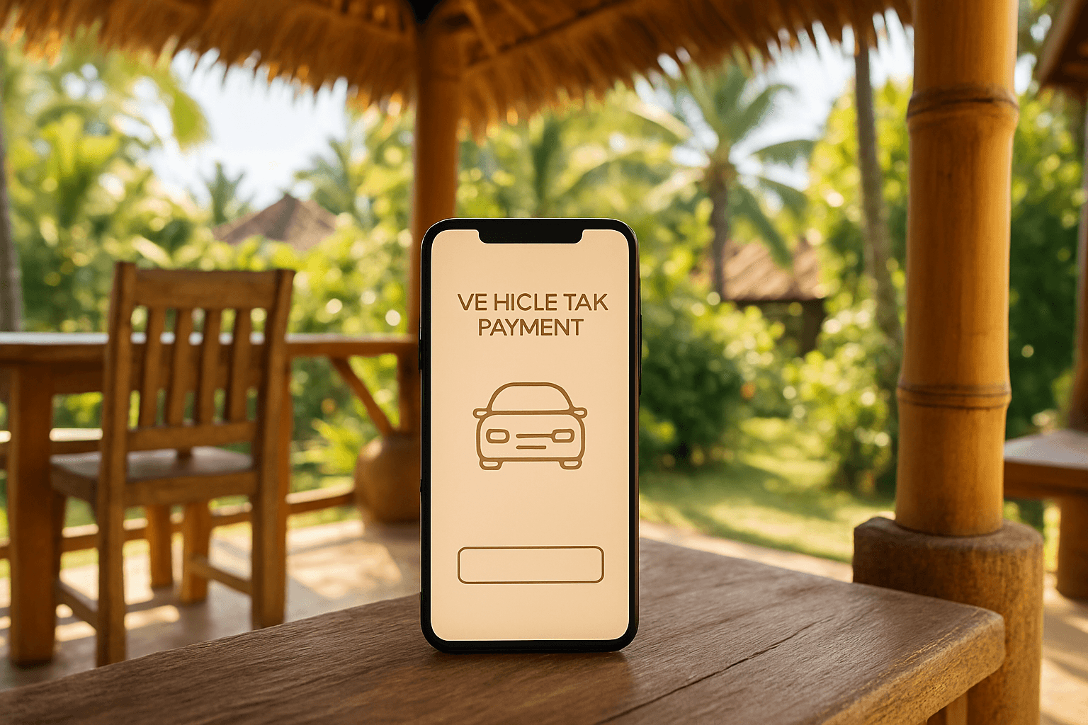 A smartphone screen showing a vehicle-tax payment app, on a bright Balinese terrace