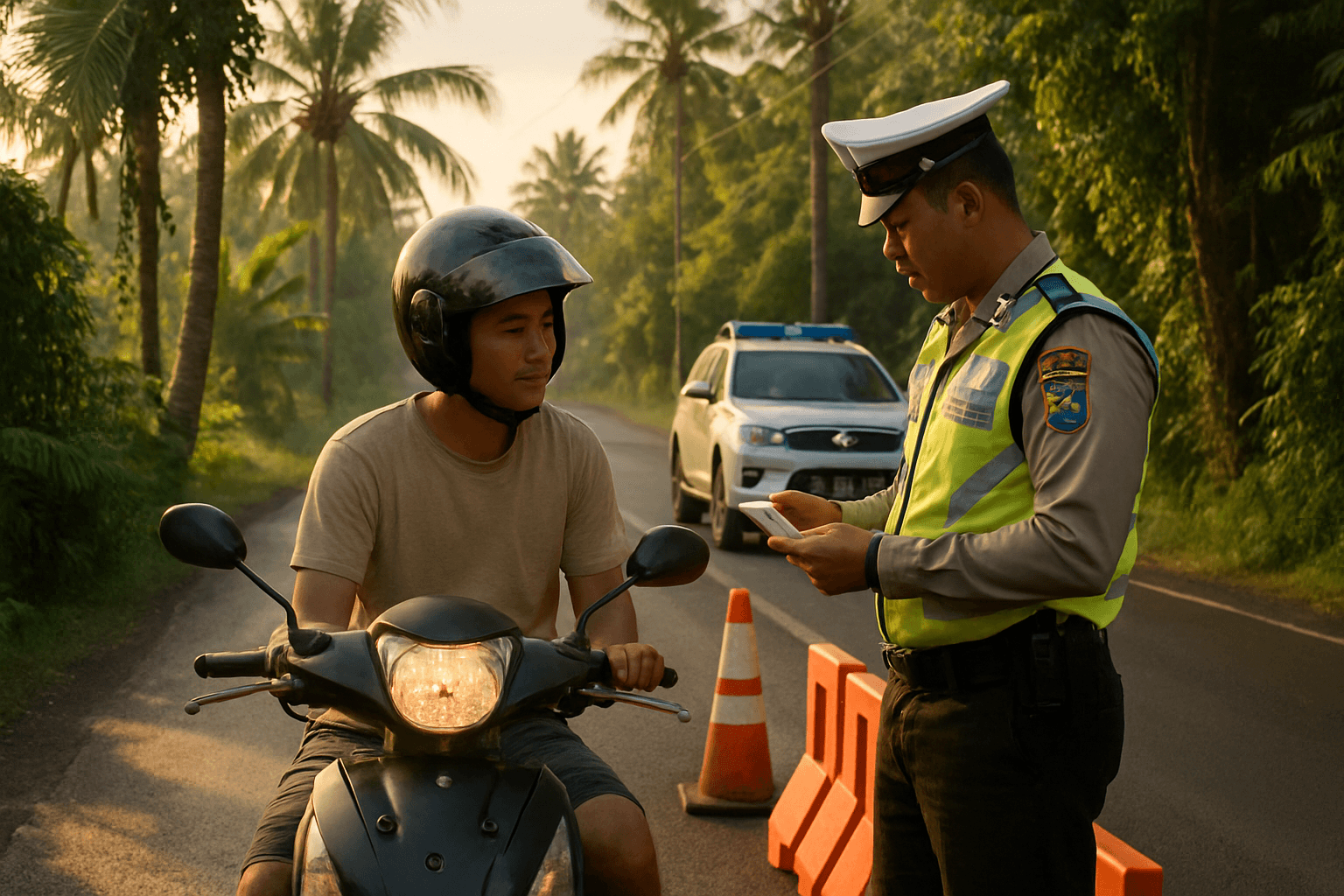 A roadside checkpoint in Bali at early morning, a police officer checking a scooter rider's papers, tropical atmosphere
