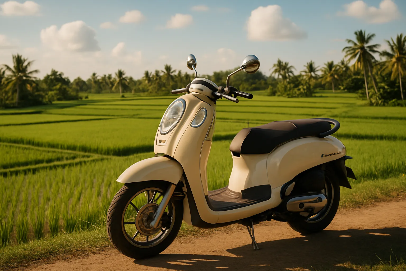 Honda Scoopy scooter parked in front of a lush green rice paddy in Bali under a sunny sky, expat island-life vibe