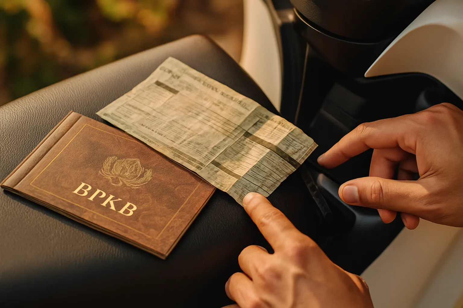 Close-up of Indonesian STNK and BPKB scooter documents resting on the seat, hands checking the chassis number