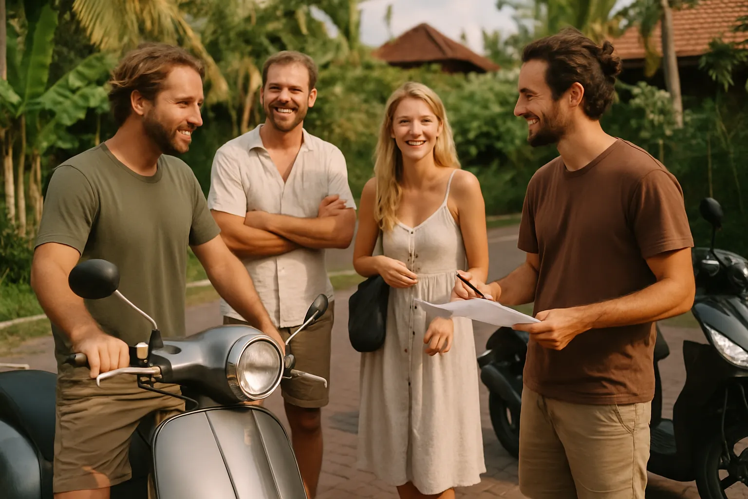 Community of expats in Bali comparing used scooters during a sale, friendly outdoor atmosphere