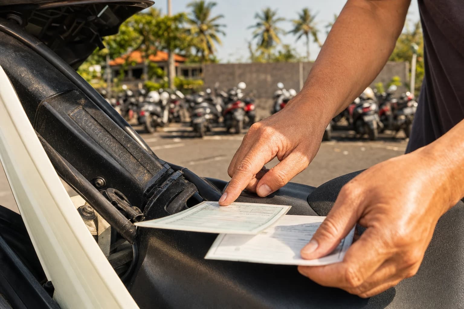 Gros plan sur des mains d'adulte comparant le numéro de châssis gravé sur le cadre d'un scooter avec deux documents officiels au texte illisible posés sur la selle, parking extérieur ensoleillé d'un supermarché balinais, rangée de scooters et palmiers flous à l'arrière-plan, lumière chaude d'après-midi