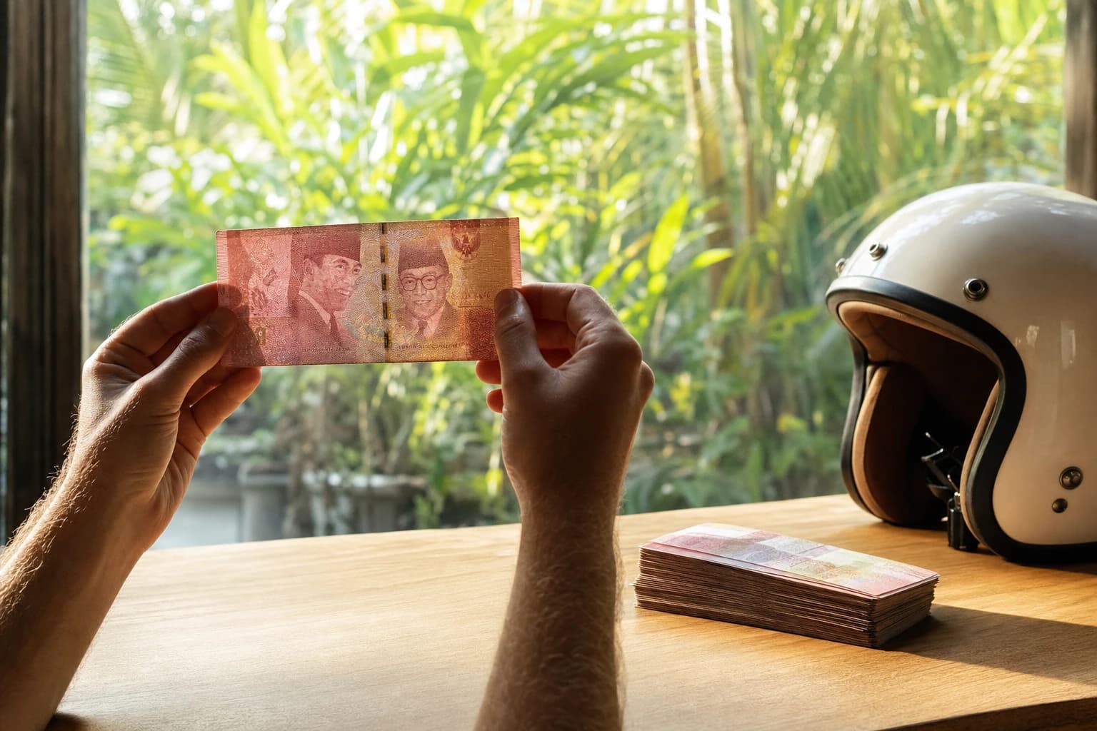 Mains tenant un billet de cent mille roupies indonésiennes en contre-jour devant la lumière d'une grande fenêtre pour faire apparaître le filigrane, table en bois clair d'un café balinais avec une liasse de billets et un casque de scooter posés à côté, plantes tropicales floues en arrière-plan
