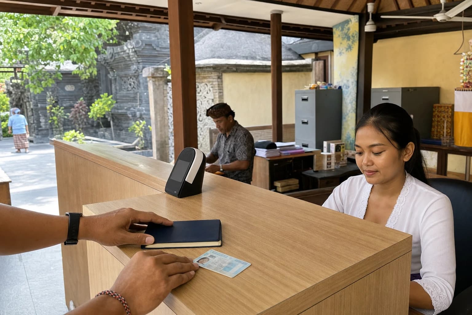 Counter at a Balinese Samsat office in the late morning, light wooden counter, ceiling fans, a queue-ticket dispenser, in the foreground hands placing a closed dark-blue booklet and a laminated card on the counter, filing cabinets in the background, doors open onto a courtyard lined with a carved volcanic-stone wall