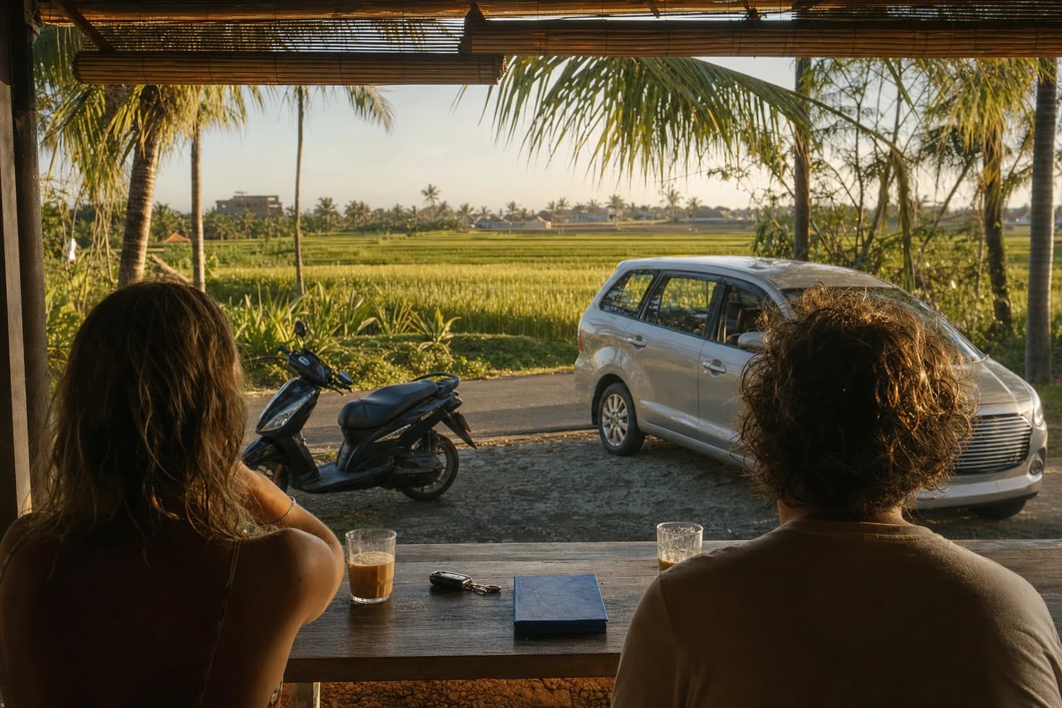 Two people seen from behind, sitting at the wooden table of a roadside warung in Canggu, a car key and a closed blue booklet lying between two glasses of coffee, a scooter and a small city car parked on the verge under palm trees, rice paddies in the background, golden late-afternoon light