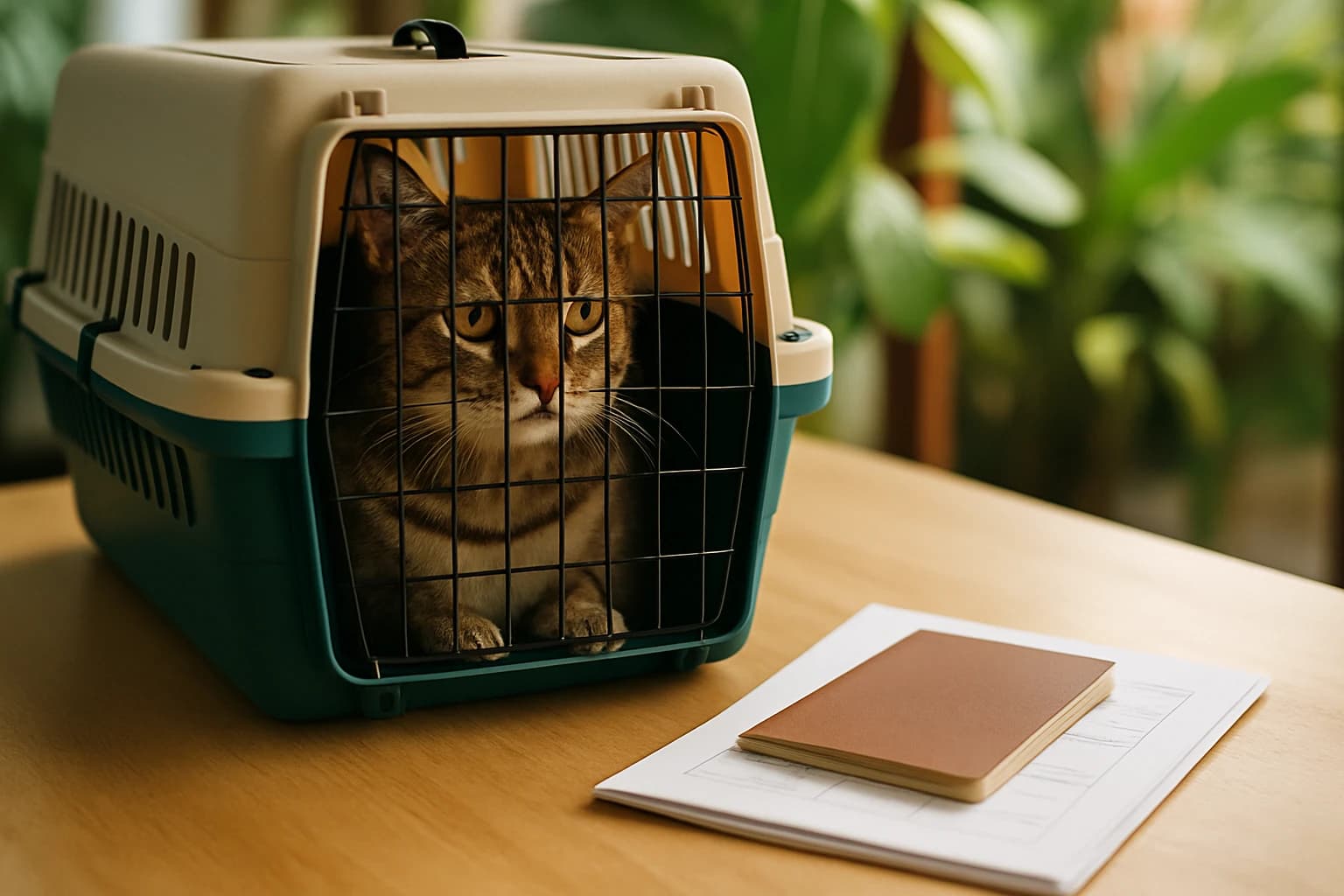 A cat in an airline-standard travel crate, set beside a folder of veterinary documents and a vaccination record on a light-colored table