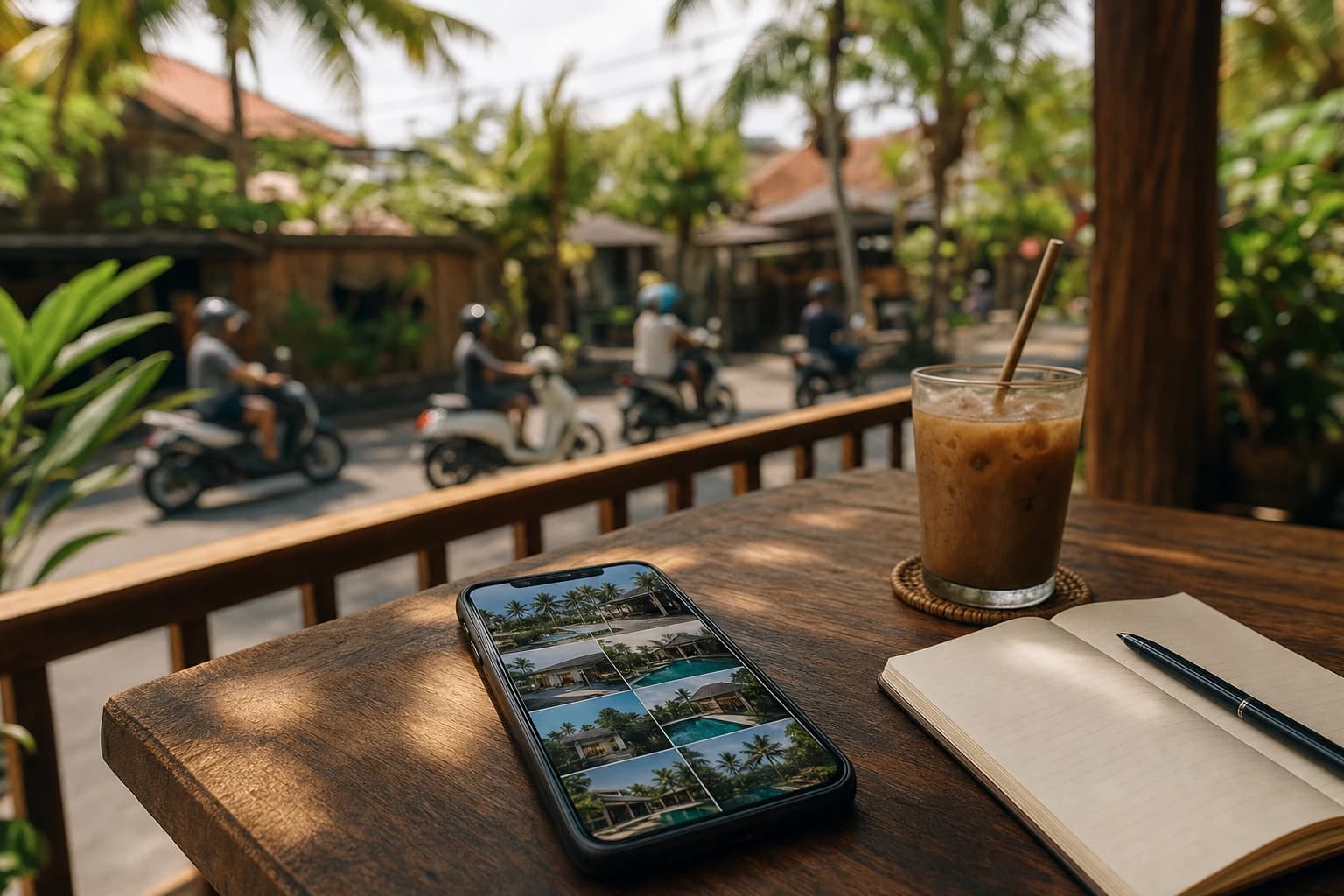 Wooden terrace of a café in Canggu late in the morning, a smartphone lying flat on the table beside an open notebook and an iced coffee, the screen showing a gallery of villa photos with a pool, palm trees and blurred scooters in the background, warm tropical light