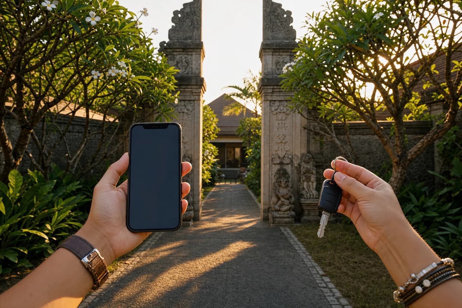 Carved stone gateway of a Balinese villa in late afternoon, a driveway lined with frangipani trees, one pair of hands holding a phone and another holding a bunch of keys, no faces visible, low golden light