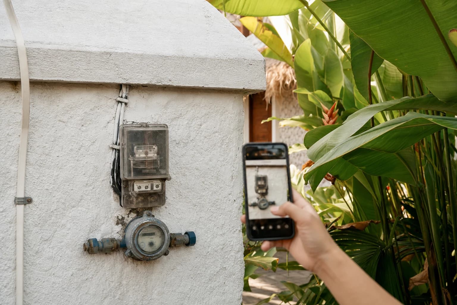 Close-up of an electricity meter and a water meter fixed to the whitewashed wall of a Balinese villa, a hand holding a smartphone photographing them, tropical foliage on the right, natural morning light