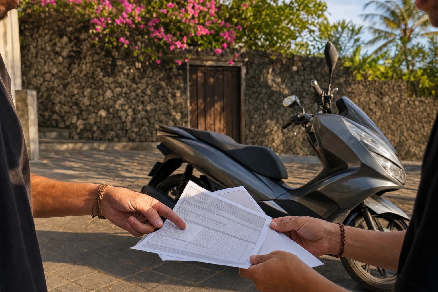 Private sale meeting in a shaded, palm-lined car park in Canggu, Bali: a grey second-hand scooter parked in the sun, two pairs of adult hands comparing paper documents with unreadable text against the vehicle's frame number, volcanic stone wall and bougainvillea in the background, warm late-afternoon light
