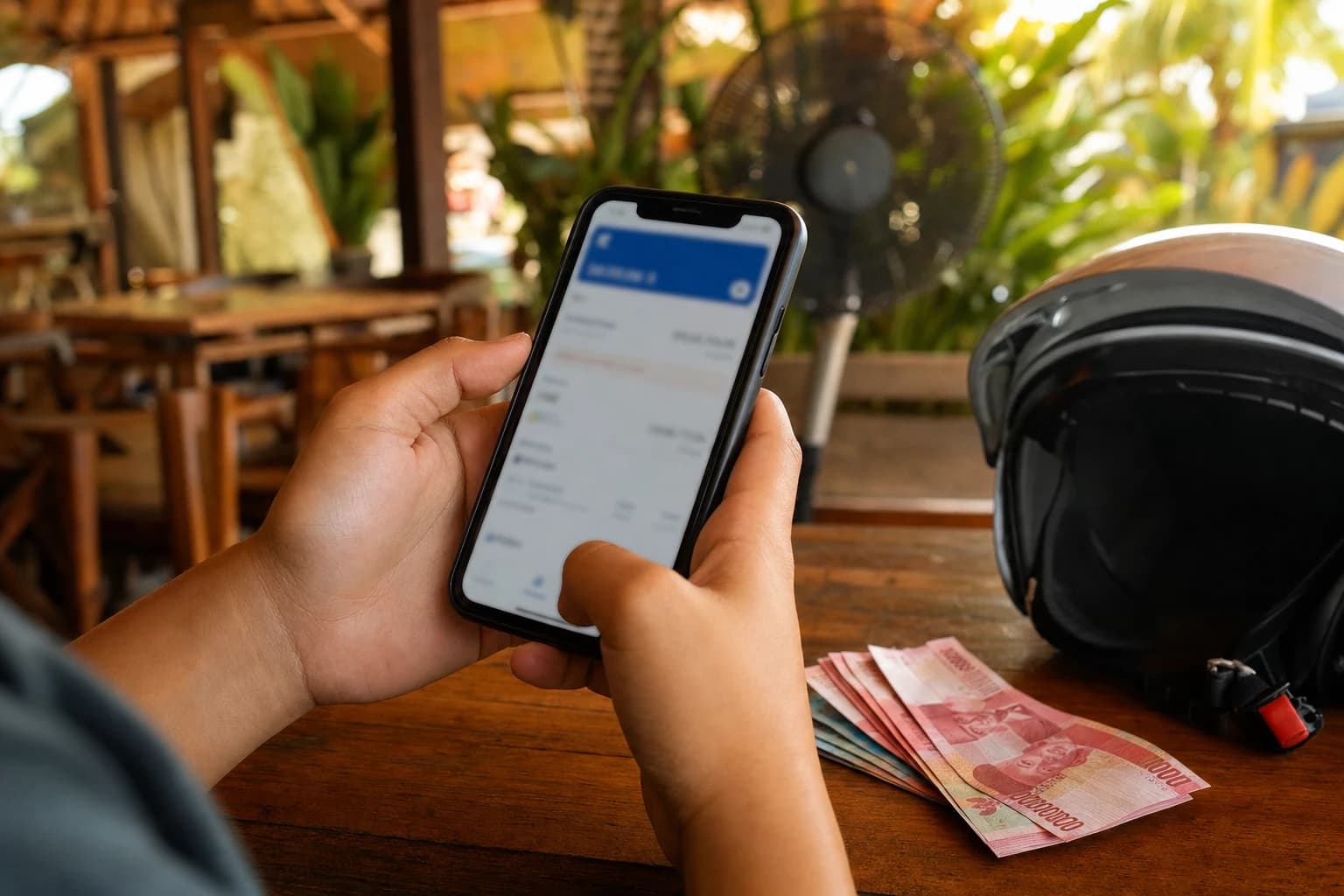 Close-up of a smartphone held in two hands over the wooden table of an open-air warung in Seminyak, Bali: a banking app screen with deliberately blurred figures, beside it a stack of Indonesian rupiah notes and a scooter helmet resting on the table, fan and tropical plants blurred in the background