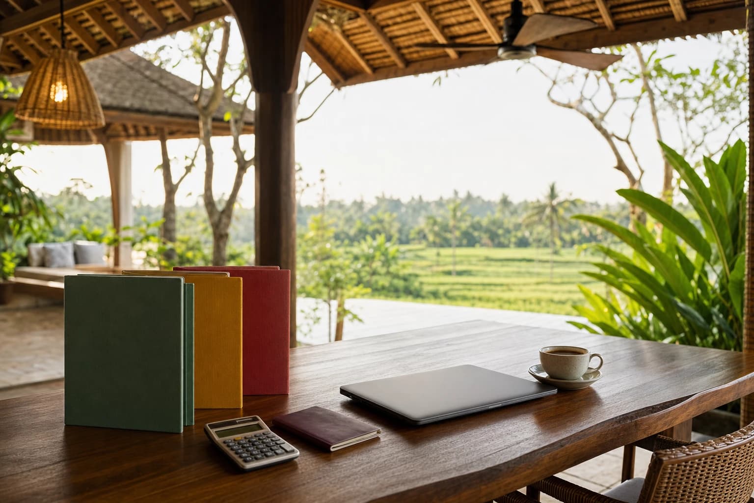 Work table in a Balinese villa opening onto the garden, three card folders in different colours lined up beside a closed laptop, a calculator, a passport and a cup of coffee set in front, rattan ceiling fan, blurred rice fields in the background, soft morning light, no readable text or faces
