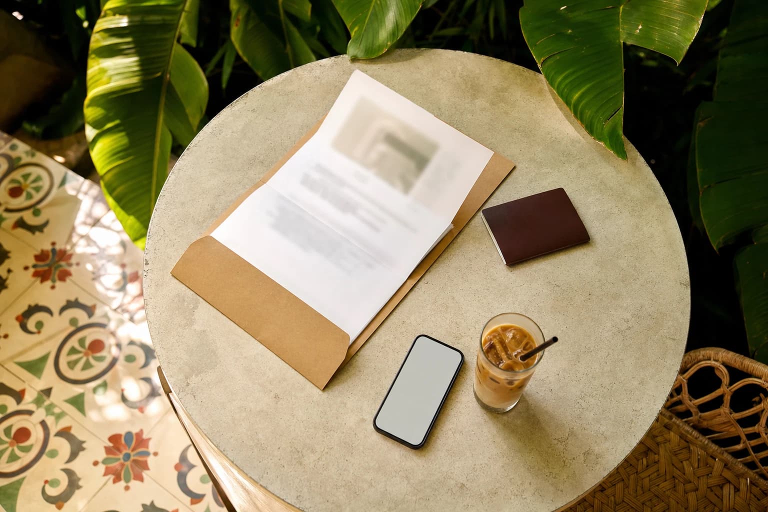A terrace table in Canggu shot from above, an open cardboard folder with blurred printed sheets, a closed passport beside it, a phone showing a neutral screen, a glass of iced coffee, cement tiles, banana leaves in the background, tropical morning light, nobody in frame