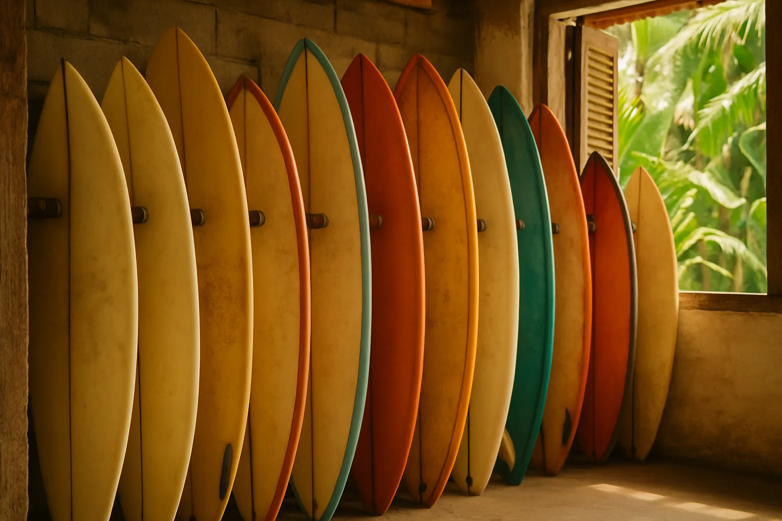 Rows of used surfboards lined up in a surf shop in Canggu, Bali