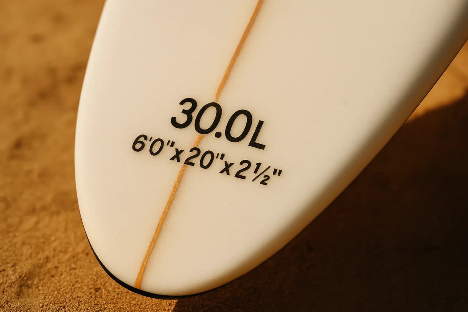 Close-up of the volume in litres and dimensions printed on the tail of a surfboard