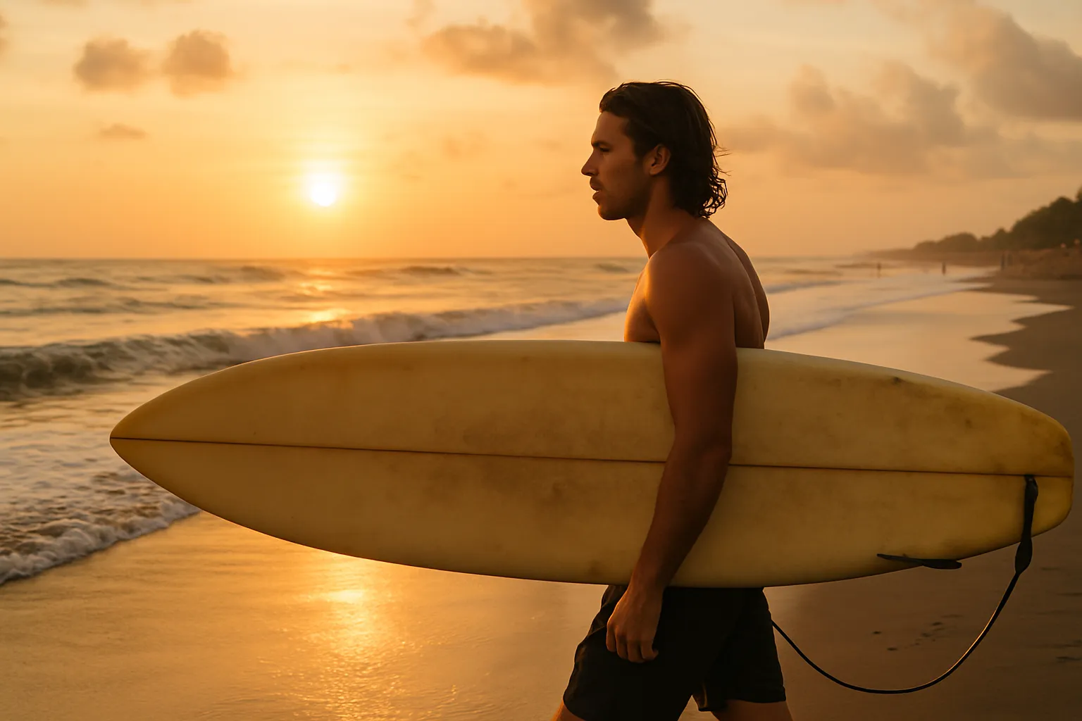 Surfer carrying their board on Canggu beach at sunset, Bali