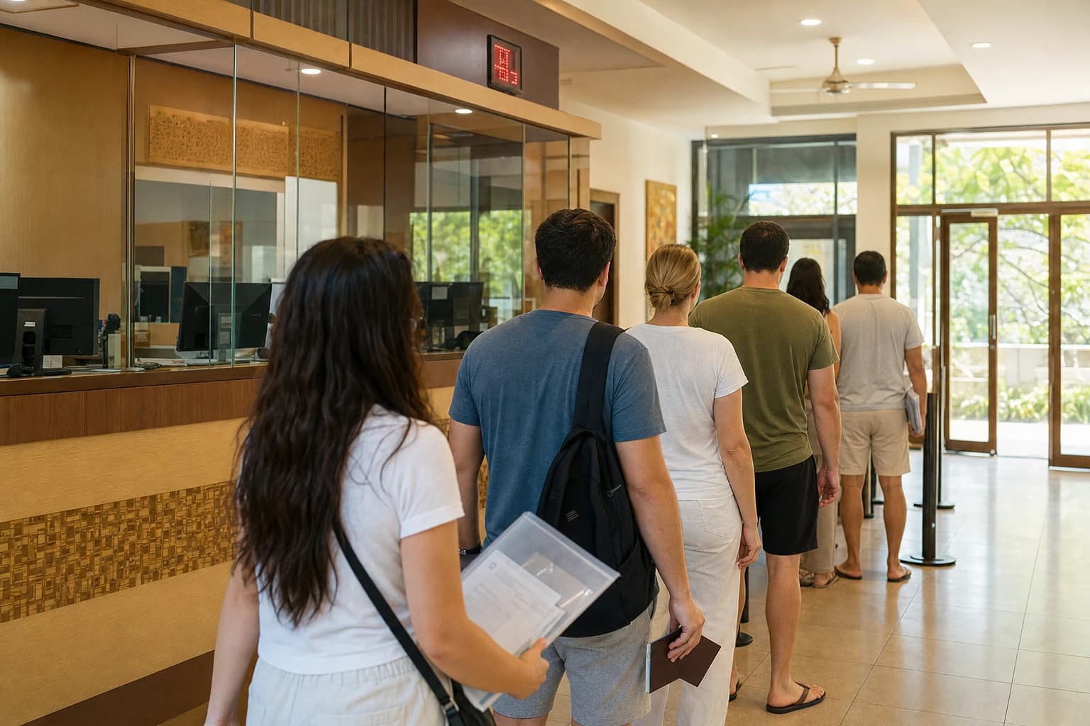 Counter of an immigration office in Bali seen from a rear three-quarter angle, glass-fronted desk with an illuminated queue number, a line of people seen from behind holding passports and document folders, beige office furniture, ceiling fan, neon light mixed with daylight coming through a glass door, no faces visible