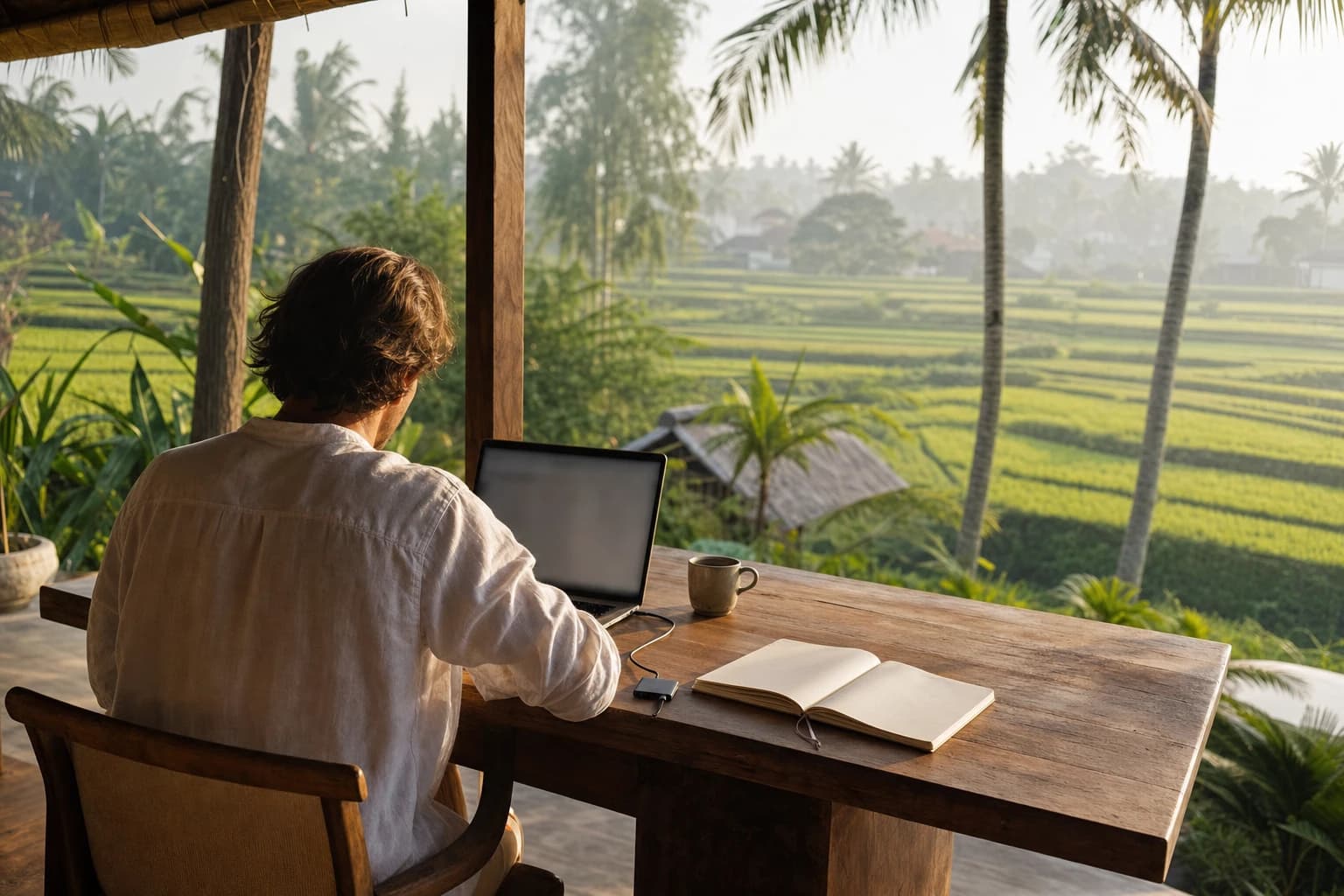 Shaded terrace of a villa in Canggu early in the morning, a person seen from behind in a linen shirt in front of a laptop on a teak table, a cup of coffee, green rice paddy and coconut palms in the background, charger cable and open notebook, soft light and a light mist, blurred screen with no readable text