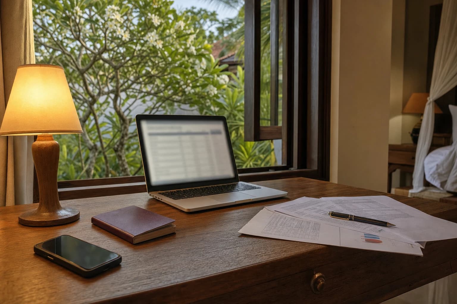 Wooden table in a Sanur hotel room at the end of the day, a closed passport next to an open laptop with a blurred screen, printed bank statements, a pen, a phone, a small lamp switched on, a window open onto a tropical garden and a frangipani tree, no readable text