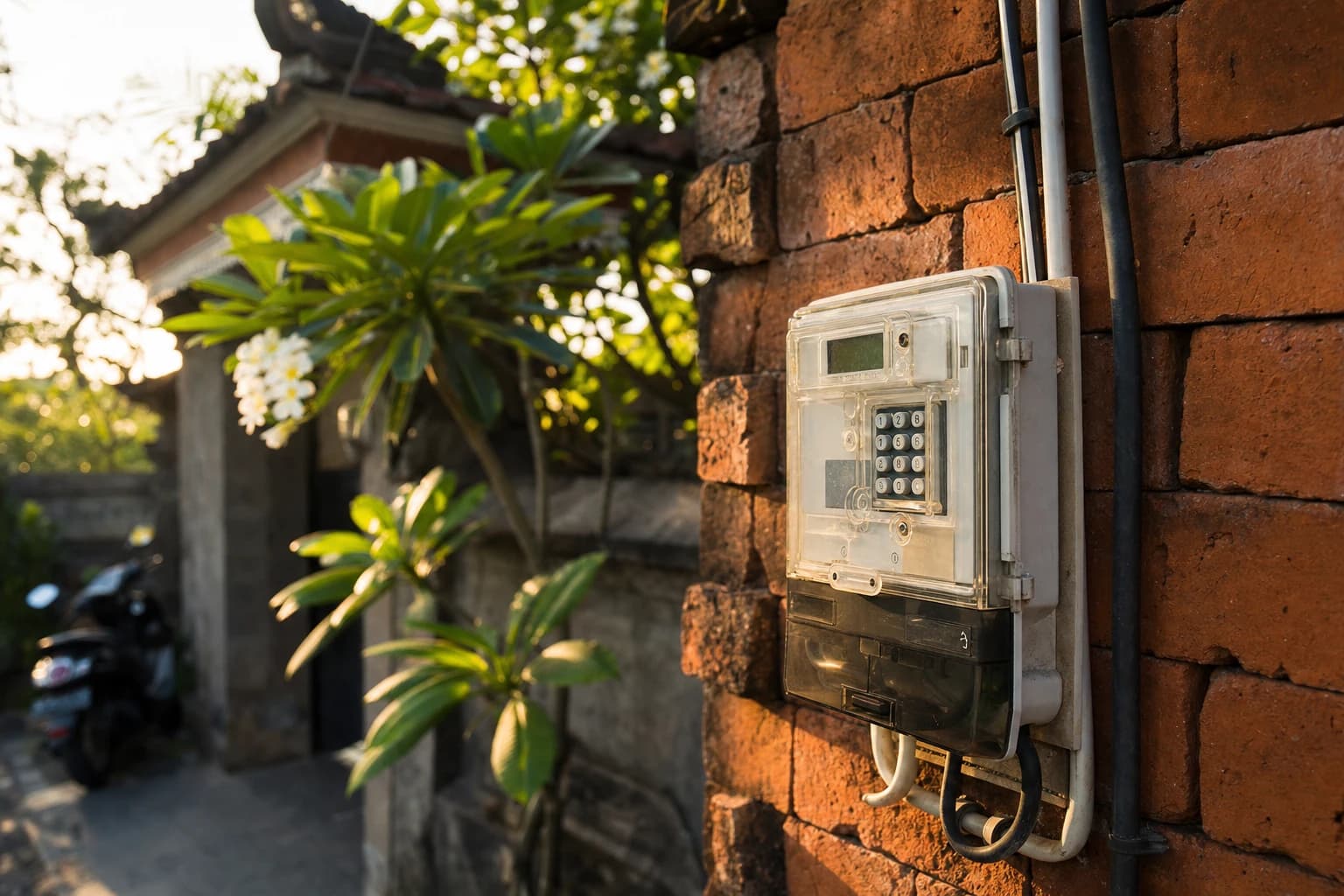 Prepaid electricity meter mounted on a brick wall at the entrance of a Balinese villa, exposed cables running along the wall, a flowering frangipani and a parked scooter blurred in the background, warm late-afternoon light