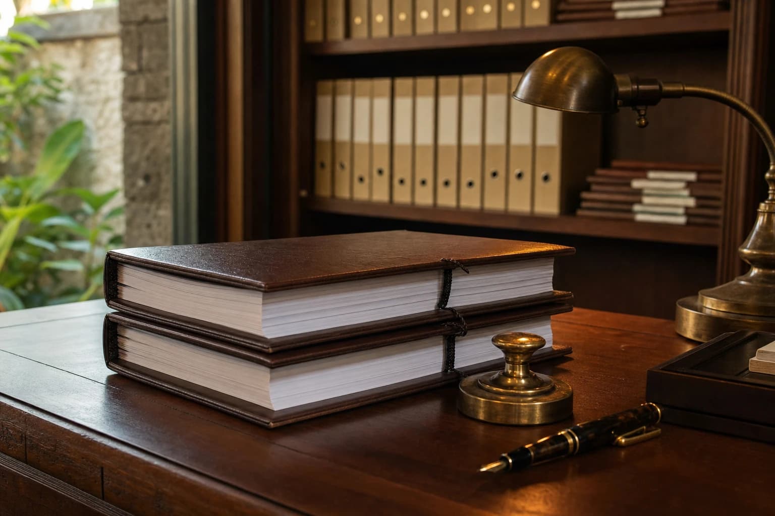 Dark wooden desk in an Indonesian notary's office with two bound copies of a thick lease agreement, a round brass ink stamp and a fountain pen resting on them, blurred shelves of cardboard files in the background, soft desk-lamp light