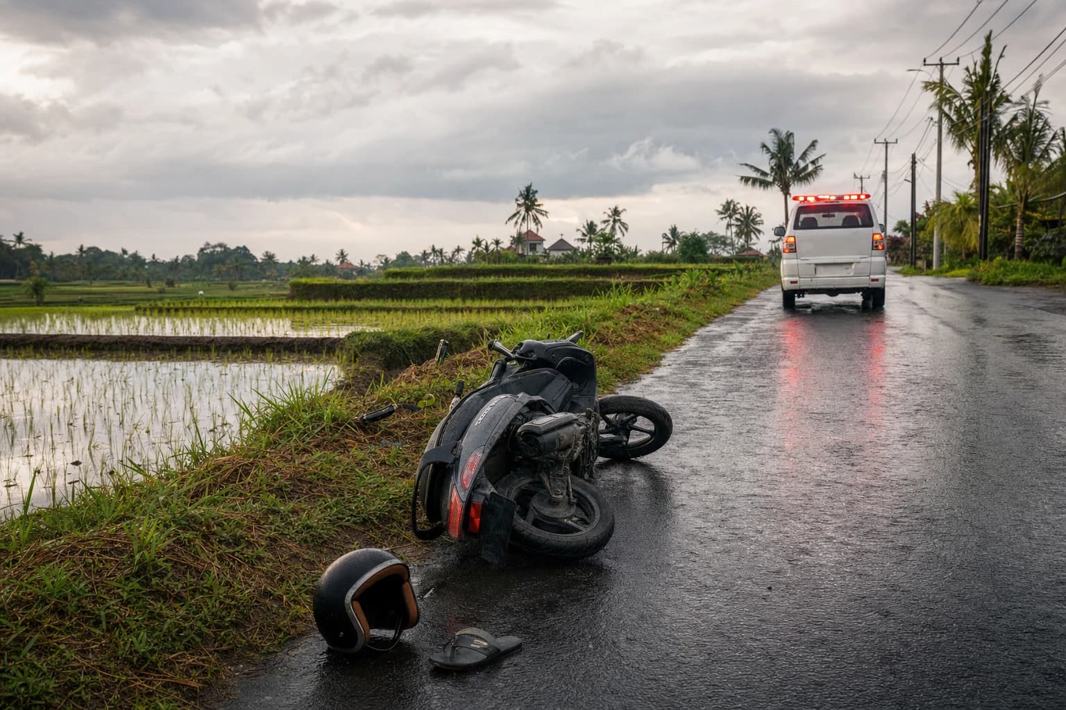 Automatic scooter on its side on the verge of a wet road lined with rice paddies near Canggu, Bali, open-face helmet lying on the asphalt next to a sandal, white ambulance parked at a distance with its light bar flashing, grey monsoon sky, no identifiable people, no text or logos