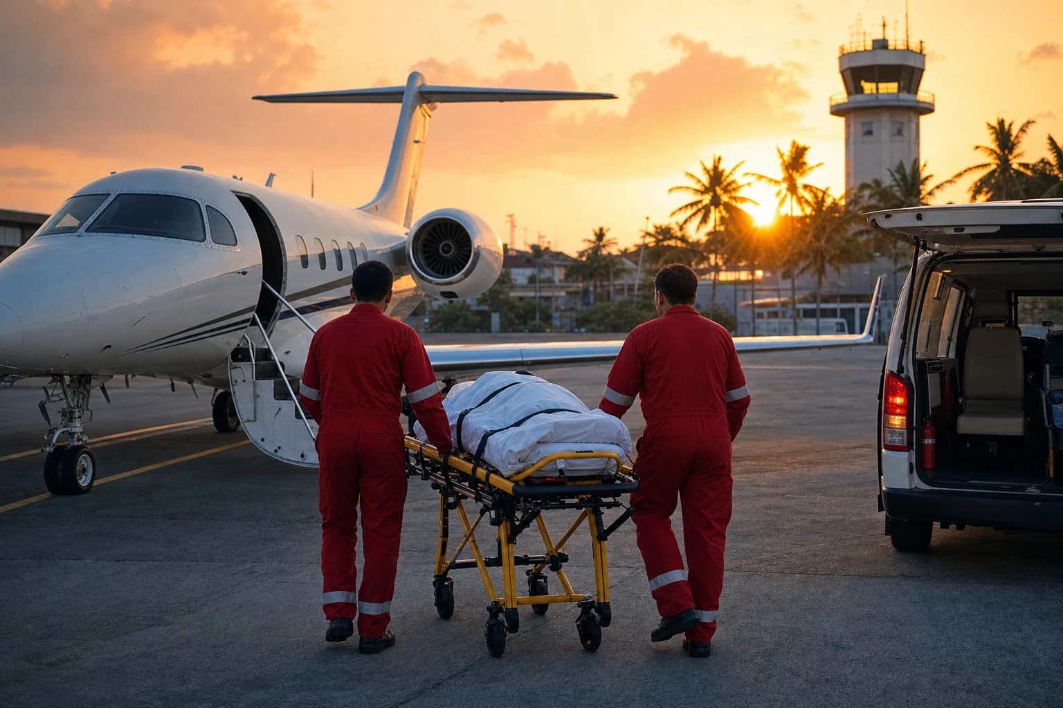 Medical jet parked on the tarmac at Denpasar airport at dusk, stretcher pushed by two medics in coveralls seen from behind towards the aircraft steps, ambulance with its rear door open, palm trees and control tower in the background, orange light, no faces visible, no text or logos