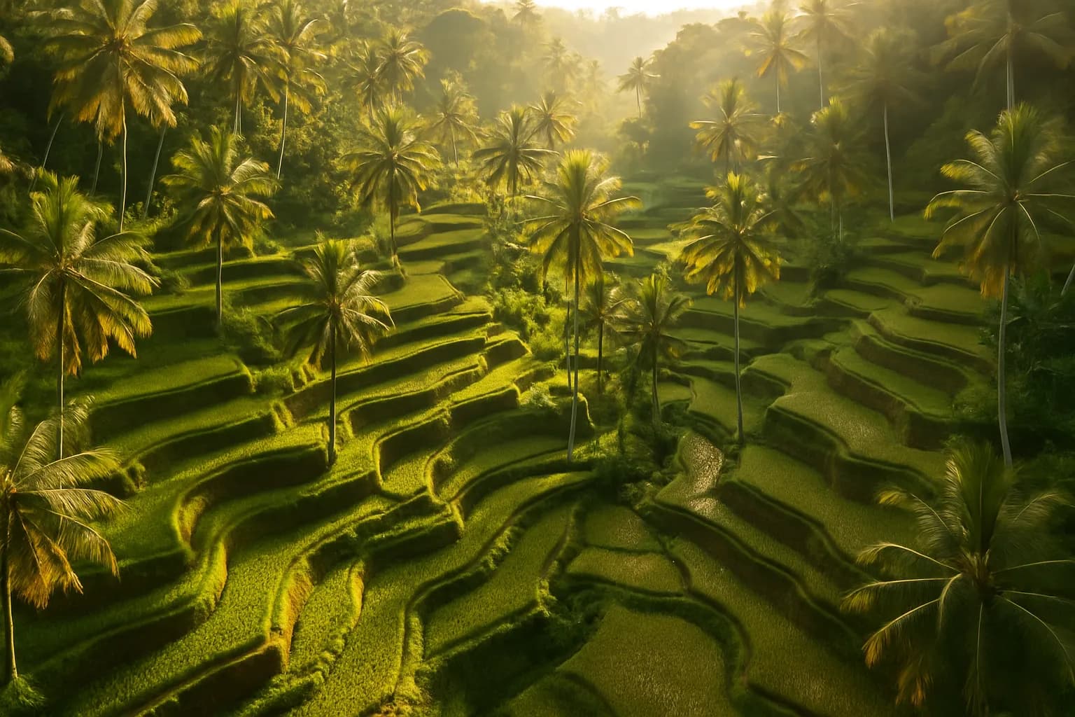 Aerial view of the terraced rice fields of Tegallalang near Ubud in Bali with palm trees and morning light