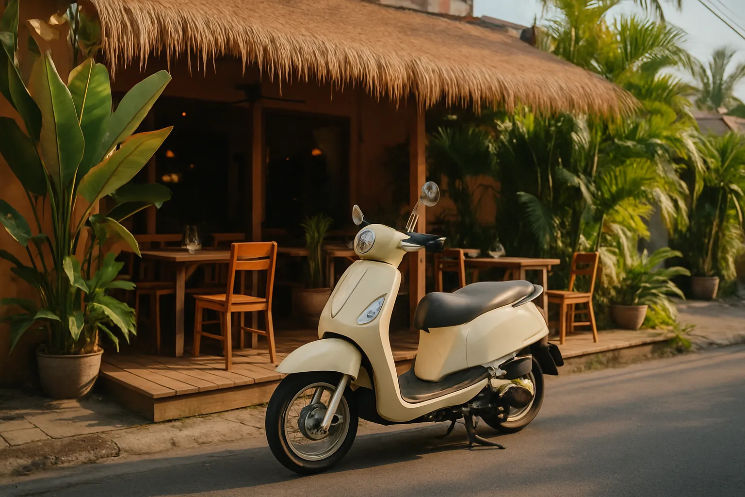 Honda scooter parked outside a café with a wooden terrace and tropical plants on a street in Canggu, Bali