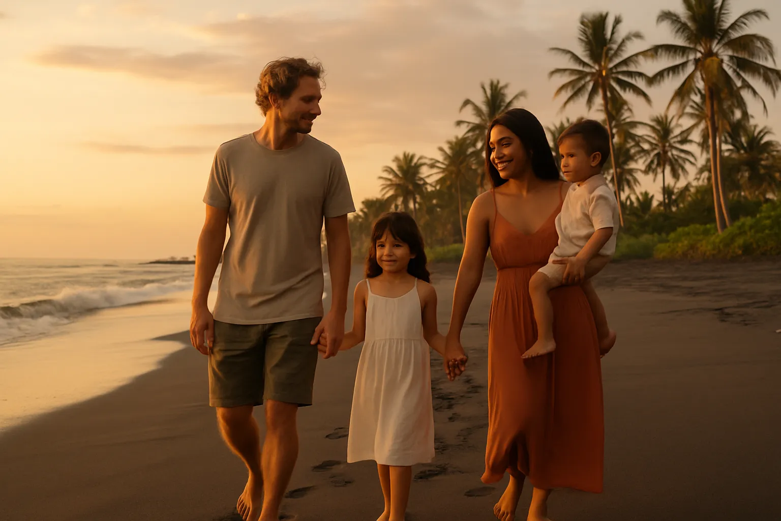 Family walking on a black sand beach in Bali at sunset with palm trees in the background