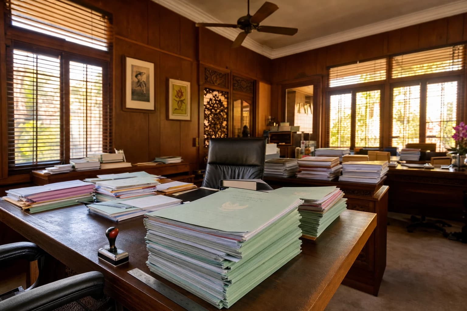 A notaris PPAT office in Denpasar in the late afternoon, stacks of land files and green certificates on a dark wooden desk, ink pad and metal ruler, ceiling fan, warm light filtering through wooden shutters