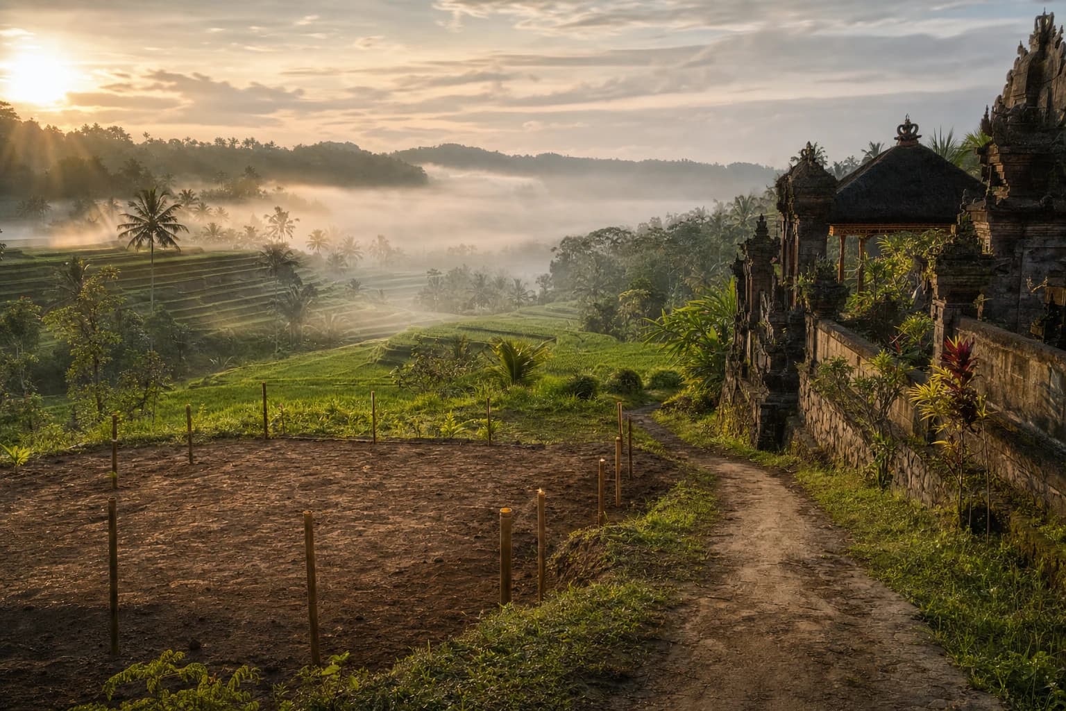 Terraced rice fields in central Bali at daybreak, low mist between the tiers, the silhouette of a stone family temple on the right, a dirt track leading to a bare plot marked out with bamboo stakes