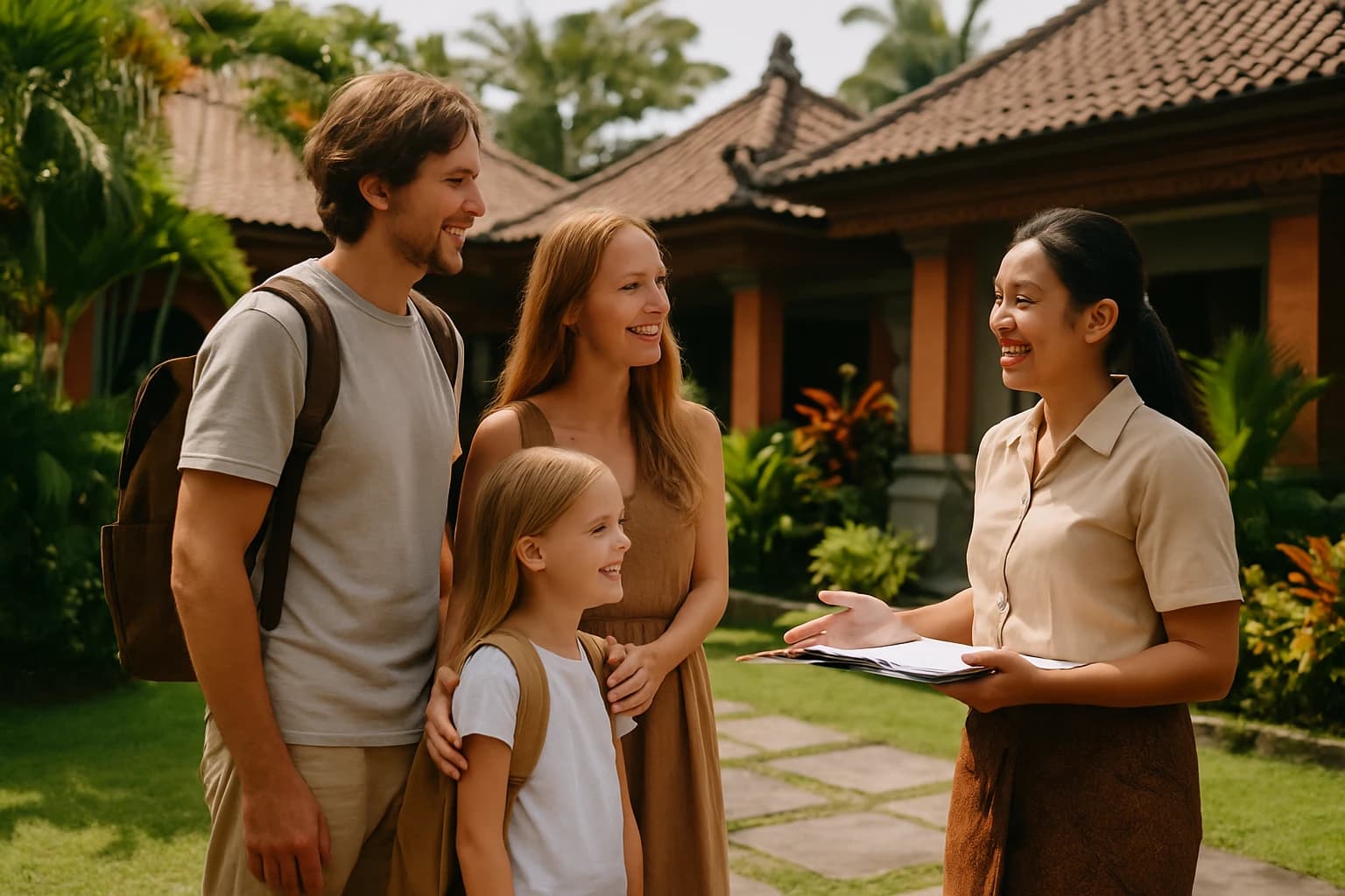 Parents et enfant en visite d admission dans une école à Bali, échange souriant avec une conseillère devant un bâtiment aux toits traditionnels et jardin tropical
