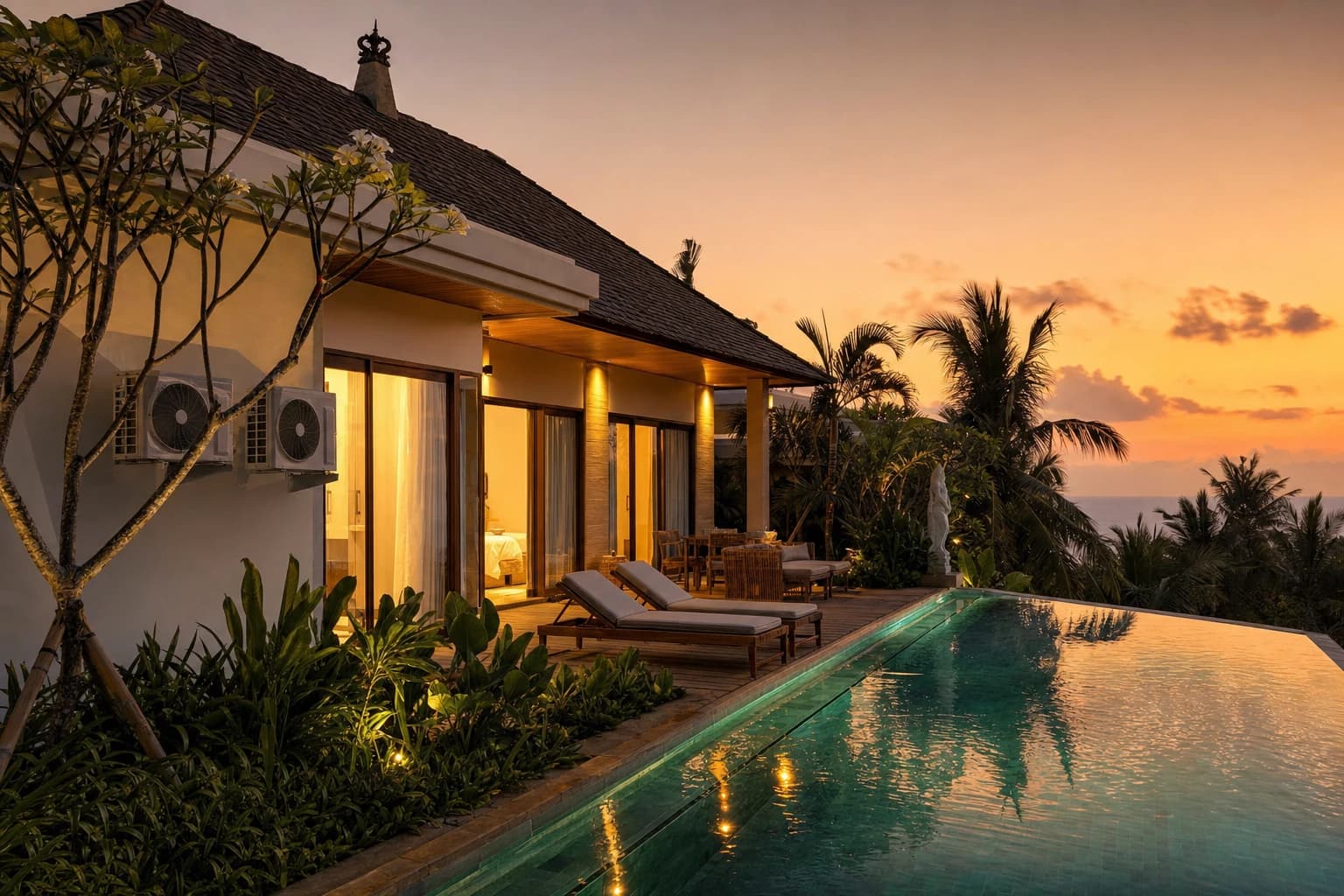 Two-bedroom Balinese villa at dusk, two outdoor air-conditioning units mounted on a white rendered side wall, infinity pool lit turquoise, wooden sun loungers, frangipani and coconut palms in silhouette, orange evening sky