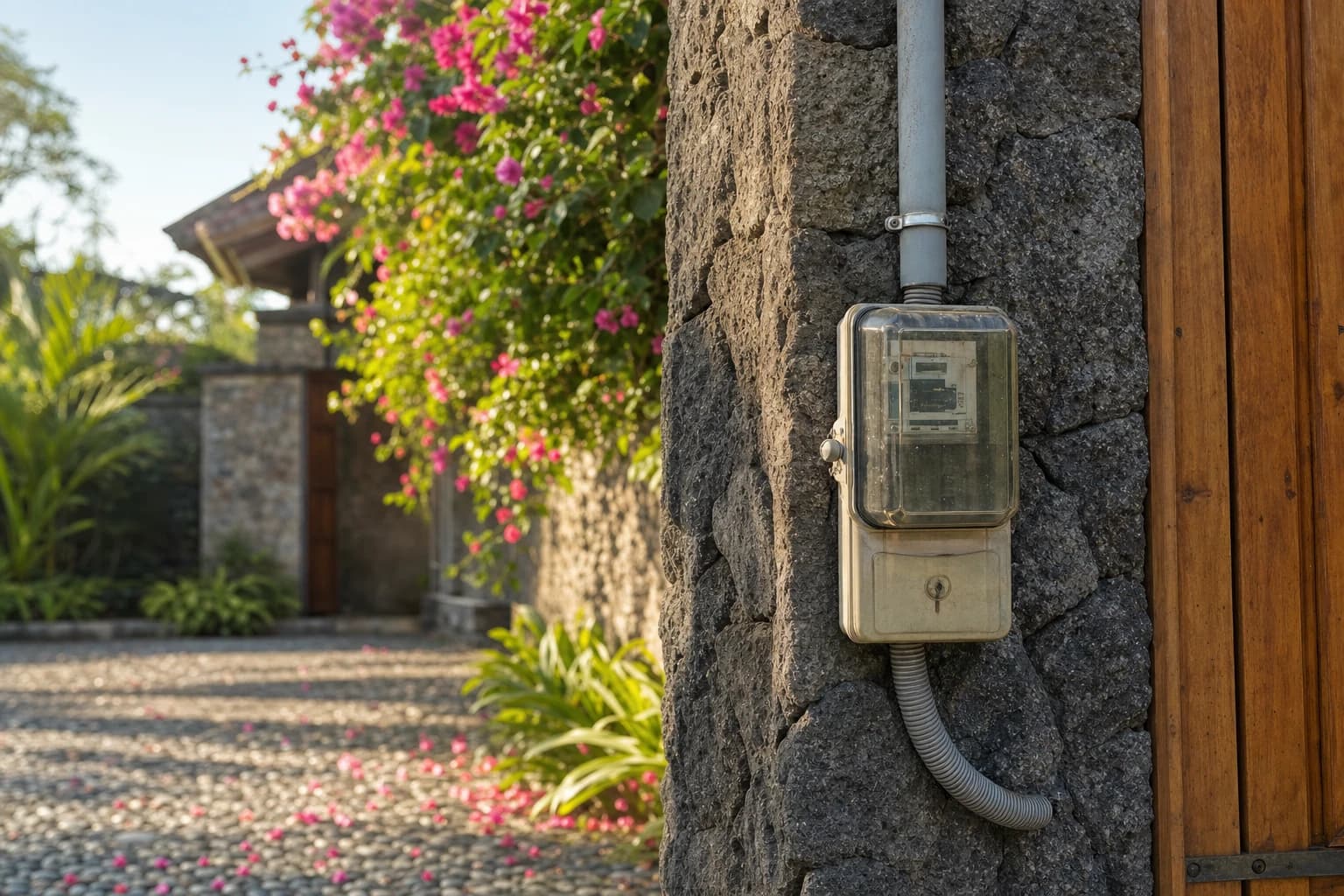 Electricity meter in its housing mounted on a volcanic-stone gate pillar of a Balinese villa, seen from a three-quarter angle with the display out of frame, electrical conduit running along the pillar, bougainvillea in bloom and a pebble driveway, soft morning light