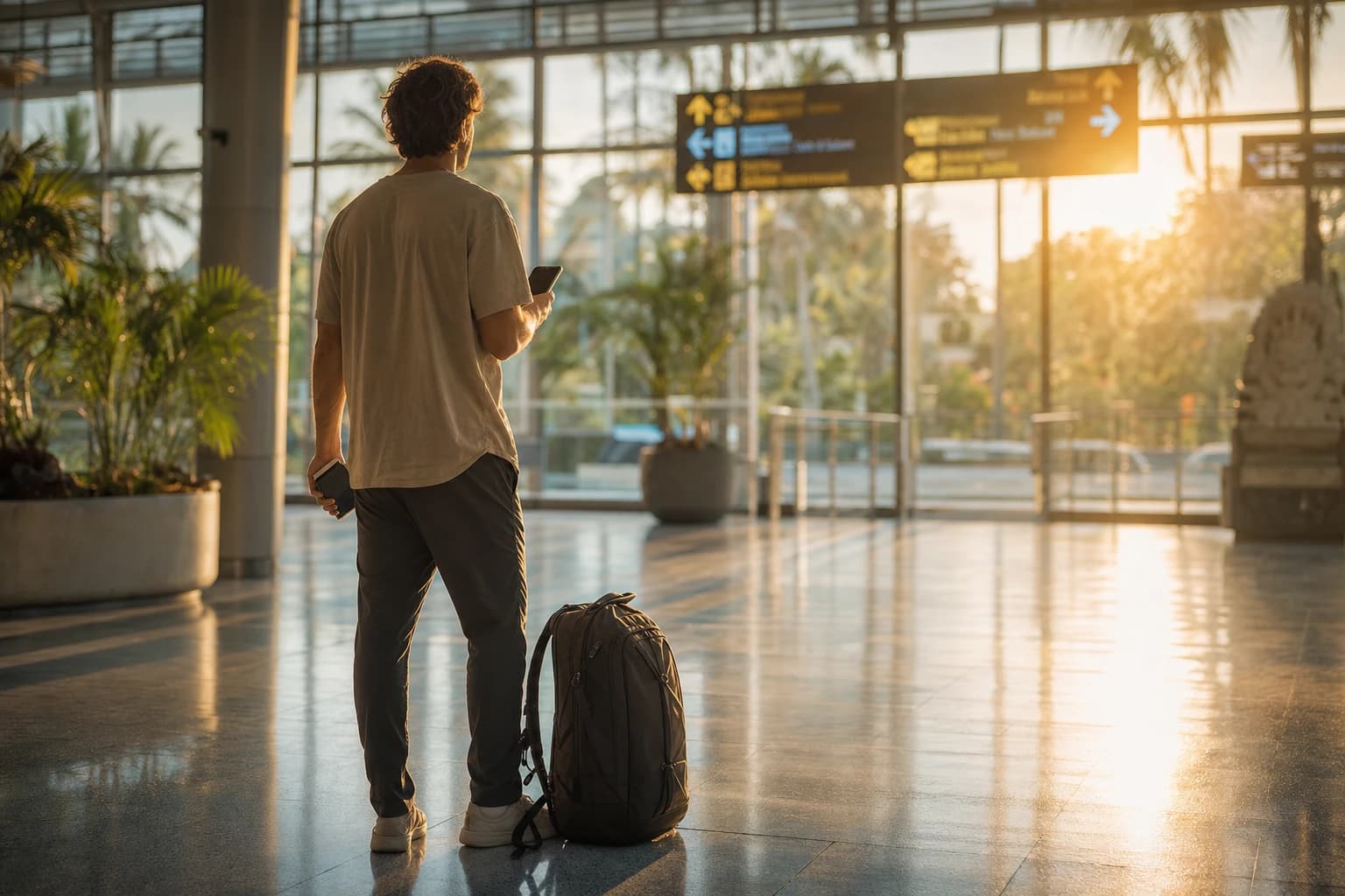 Traveller seen from behind in the arrivals hall of Ngurah Rai airport in Bali, backpack on the floor, holding a smartphone in one hand and a passport in the other, warm late-afternoon light coming through the large windows, blurred direction signs in the background