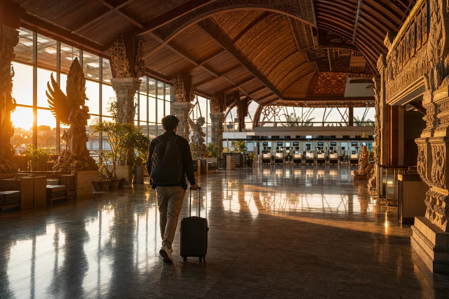 Departures hall of Bali's international airport at dawn, a traveller seen from behind with a backpack and a wheeled suitcase heading towards the check-in desks, carved wooden roof and Balinese decor, low orange light streaming through the glass walls, gleaming floor